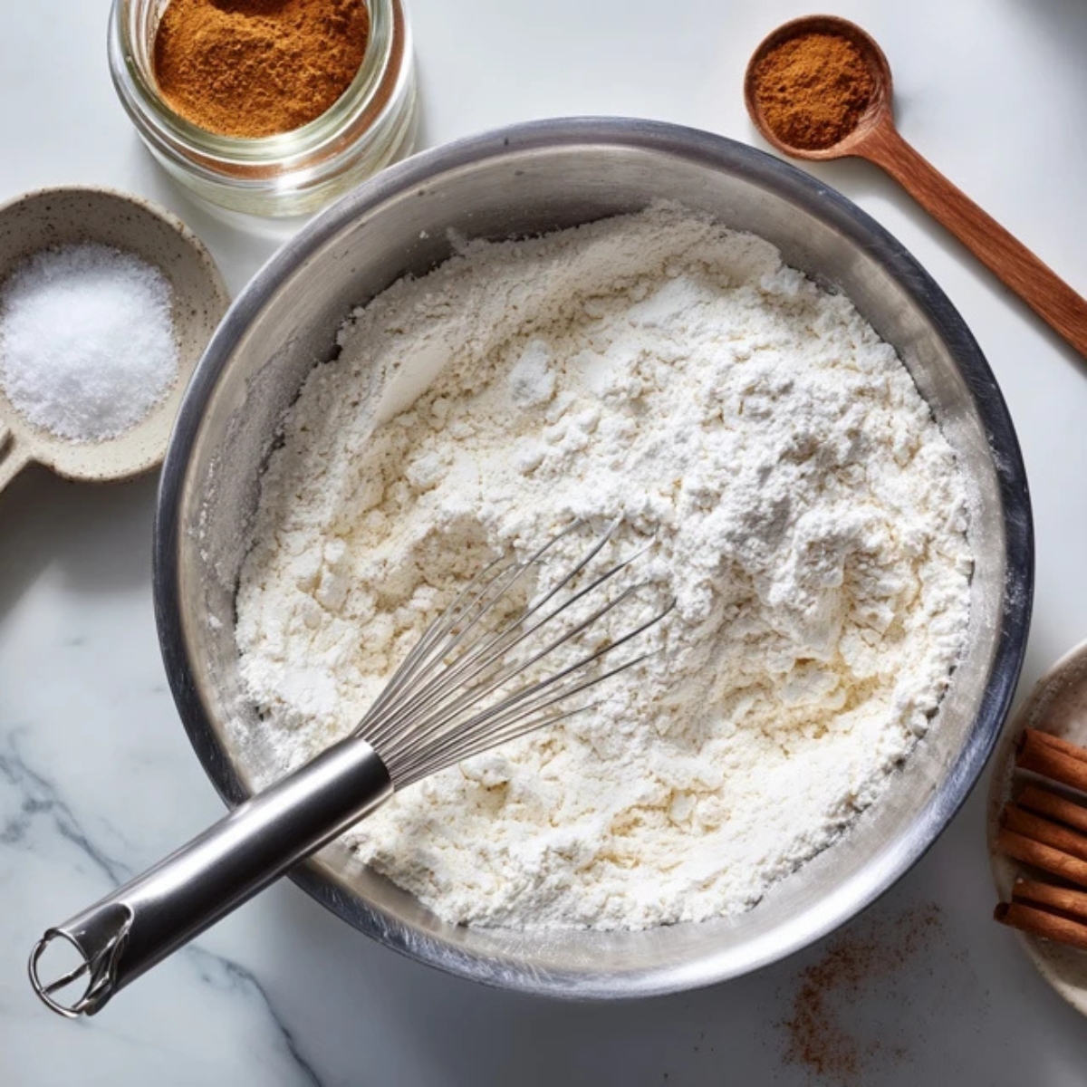 whisked flour and sugar mix for muffins on white kitchen counter