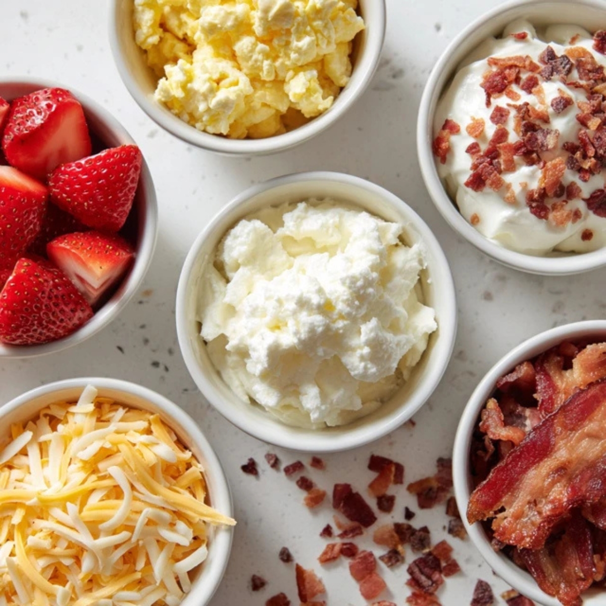 Sweet and savory pancake taco toppings in bowls

