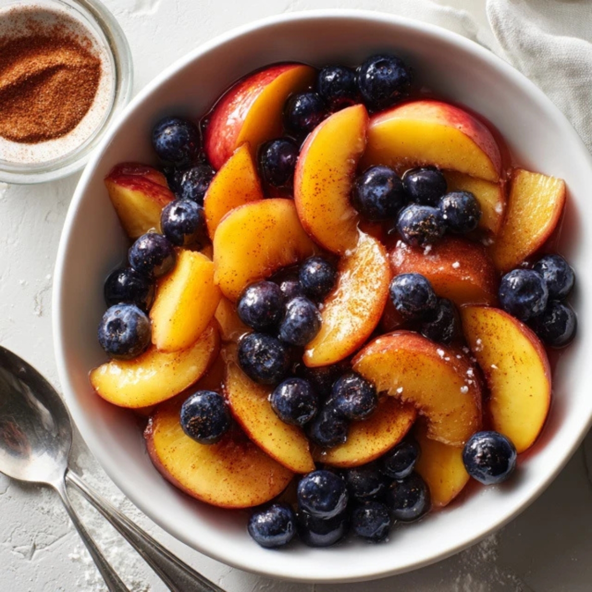 Bowl of peach blueberry pie filling with visible juices and light coating