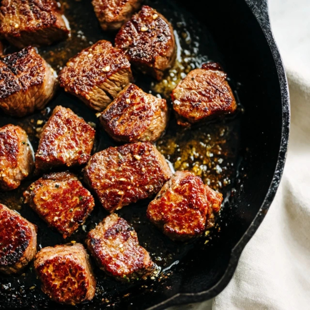 Browned steak bites searing in cast iron skillet