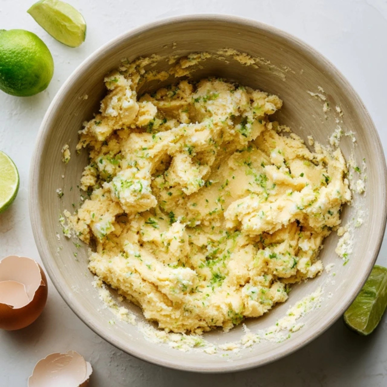 Key lime cookie dough with zest in mixing bowl