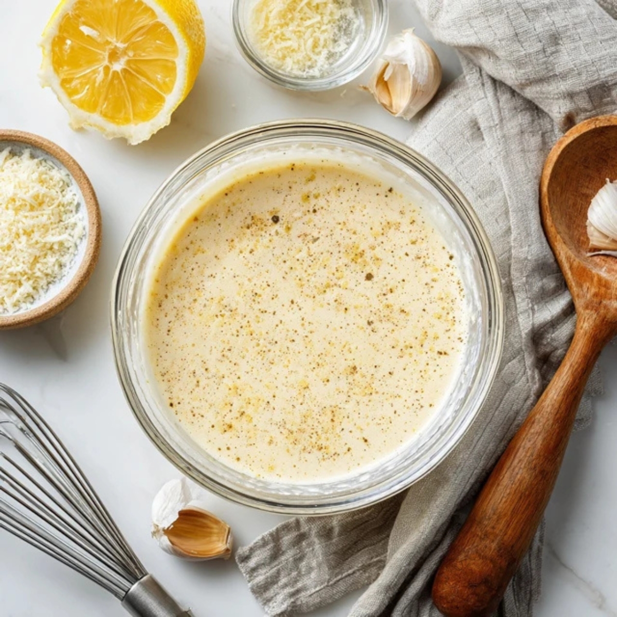 homemade Caesar dressing with simple ingredients on counter