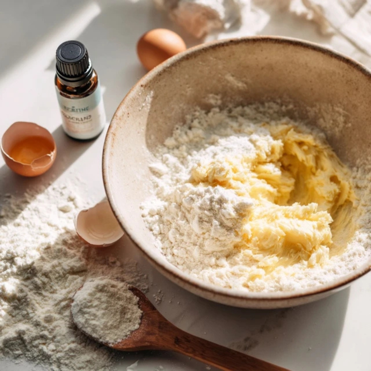 Creamed butter and sugar with eggs and vanilla in a mixing bowl