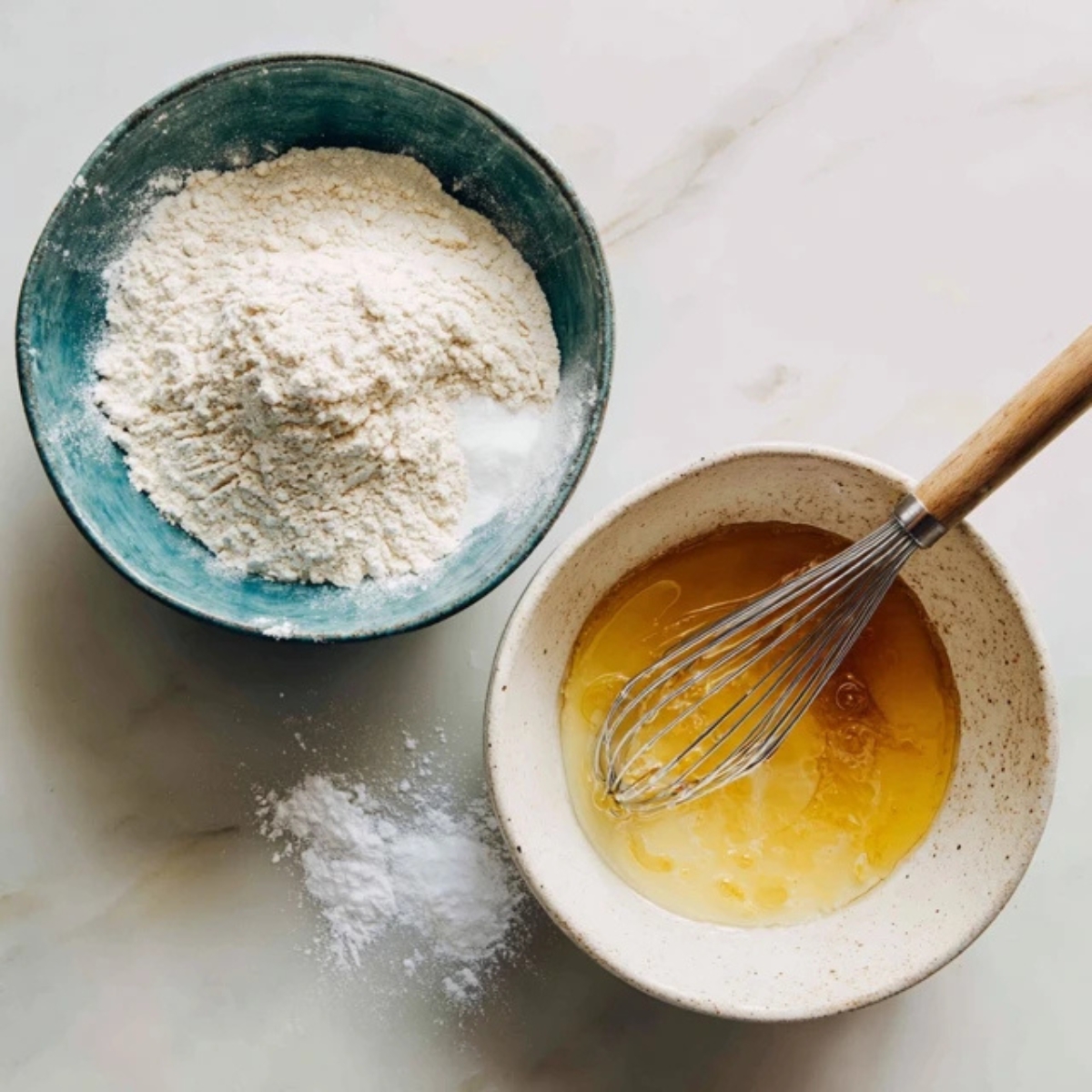 Dry and wet ingredients for cinnamon peach bread in mixing bowls