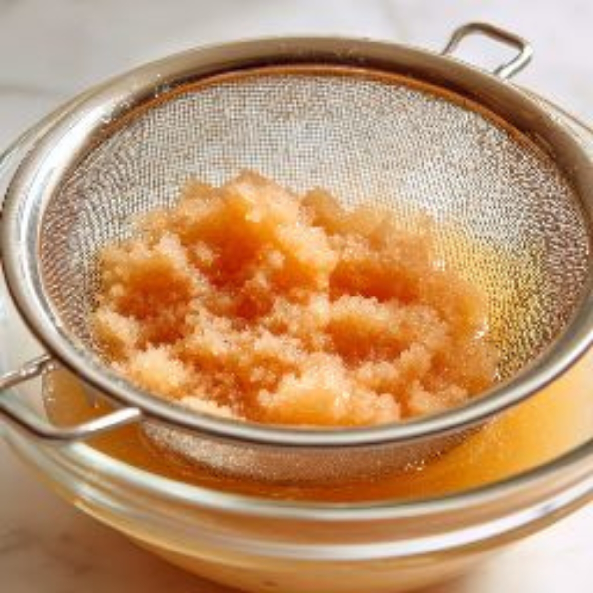 peach mixture draining through cheesecloth into bowl