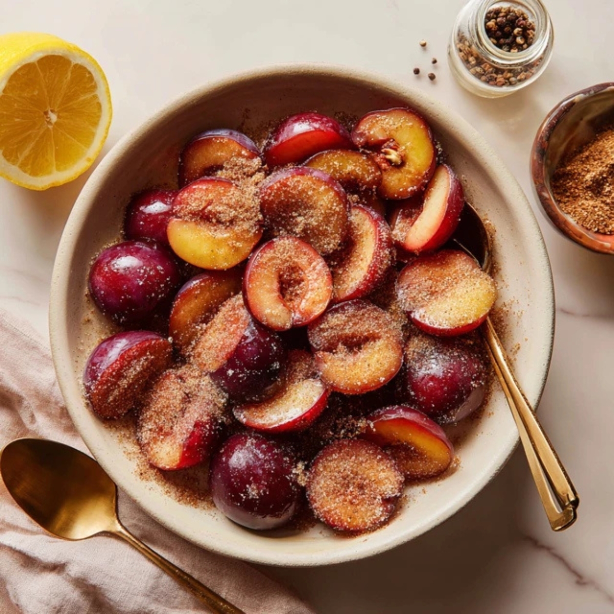 Sliced plums tossed in sugar and spices in a bowl
