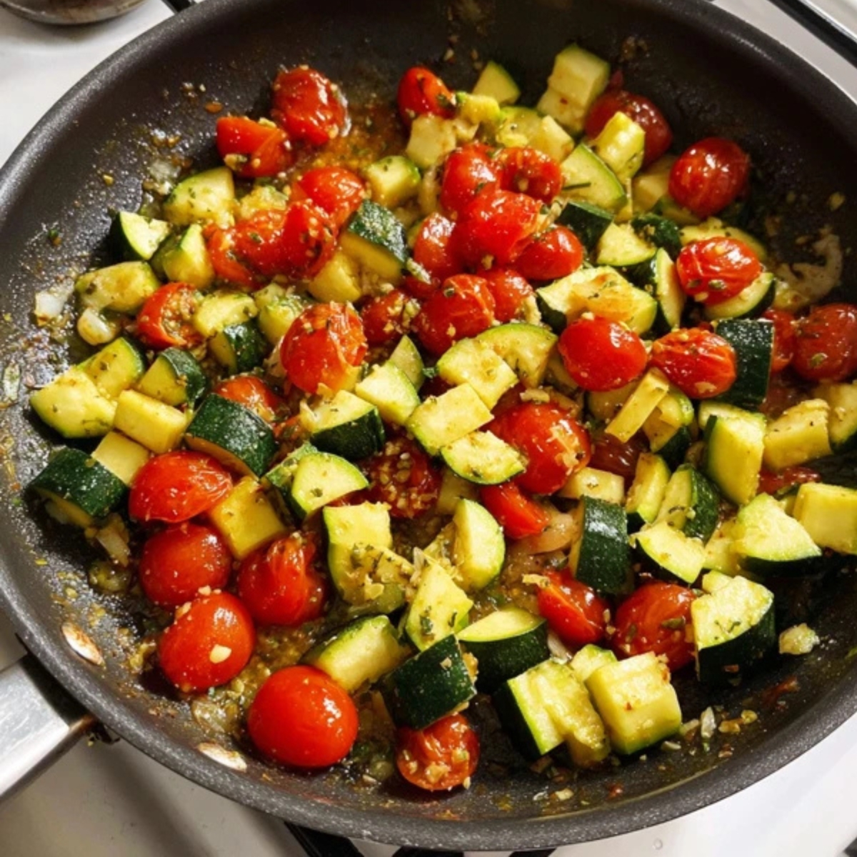 Zucchini and cherry tomatoes sautéing in a large skillet

