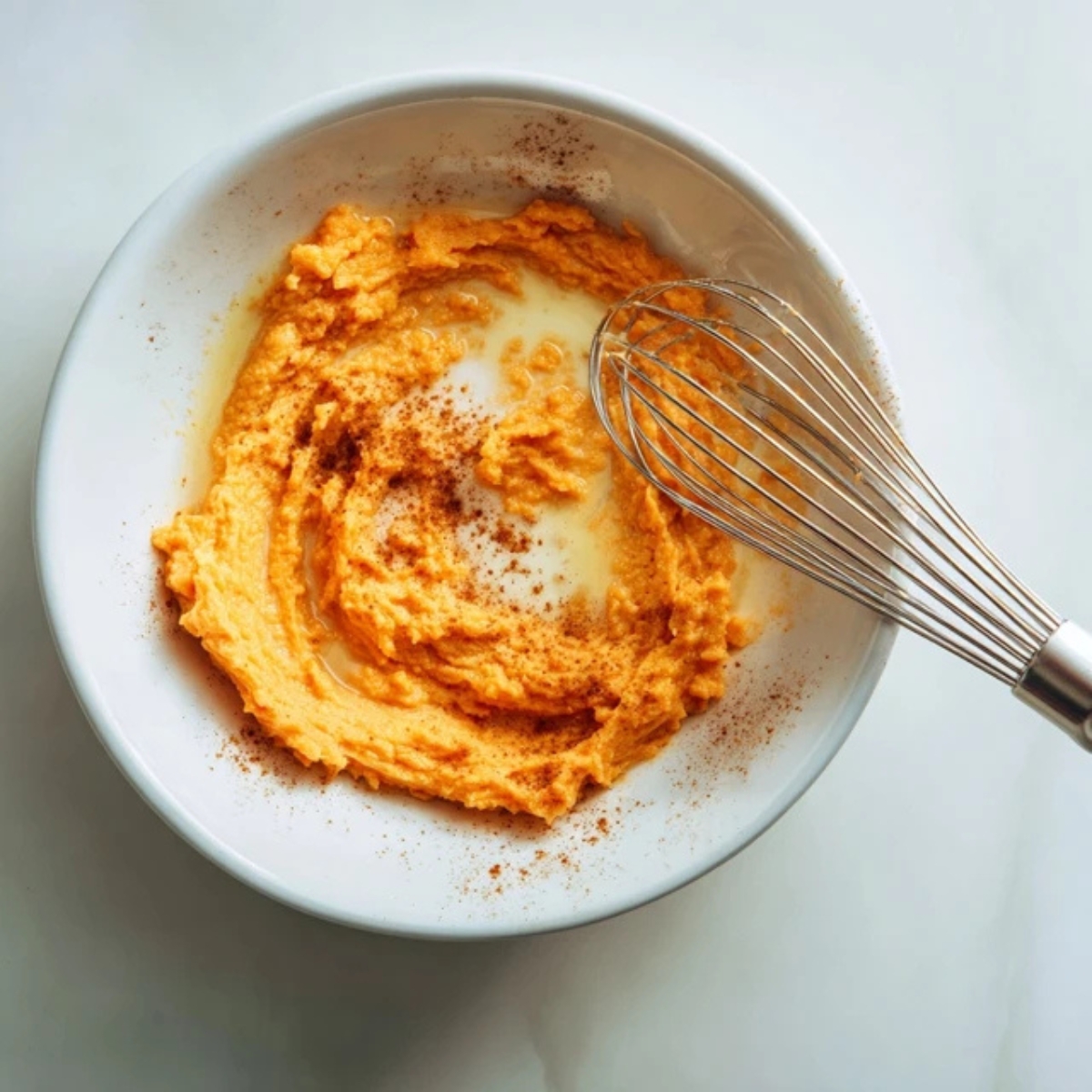 Mixing bowl with sweet potato and eggs for pancake batter

