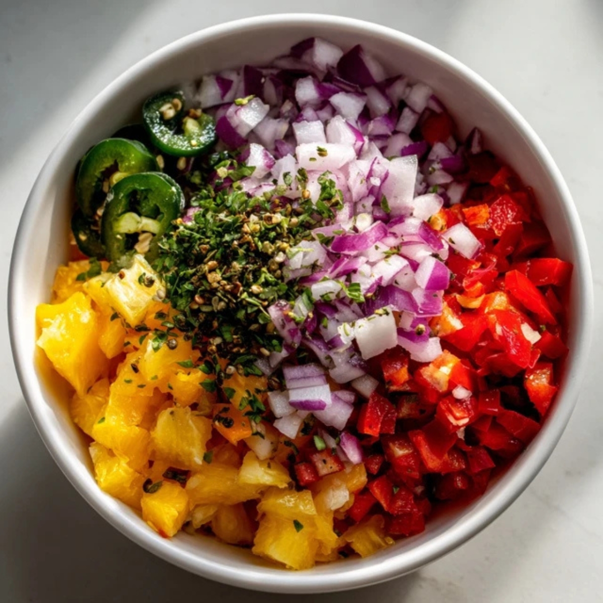 Chopped onion, jalapeño, and bell pepper added to fruit

