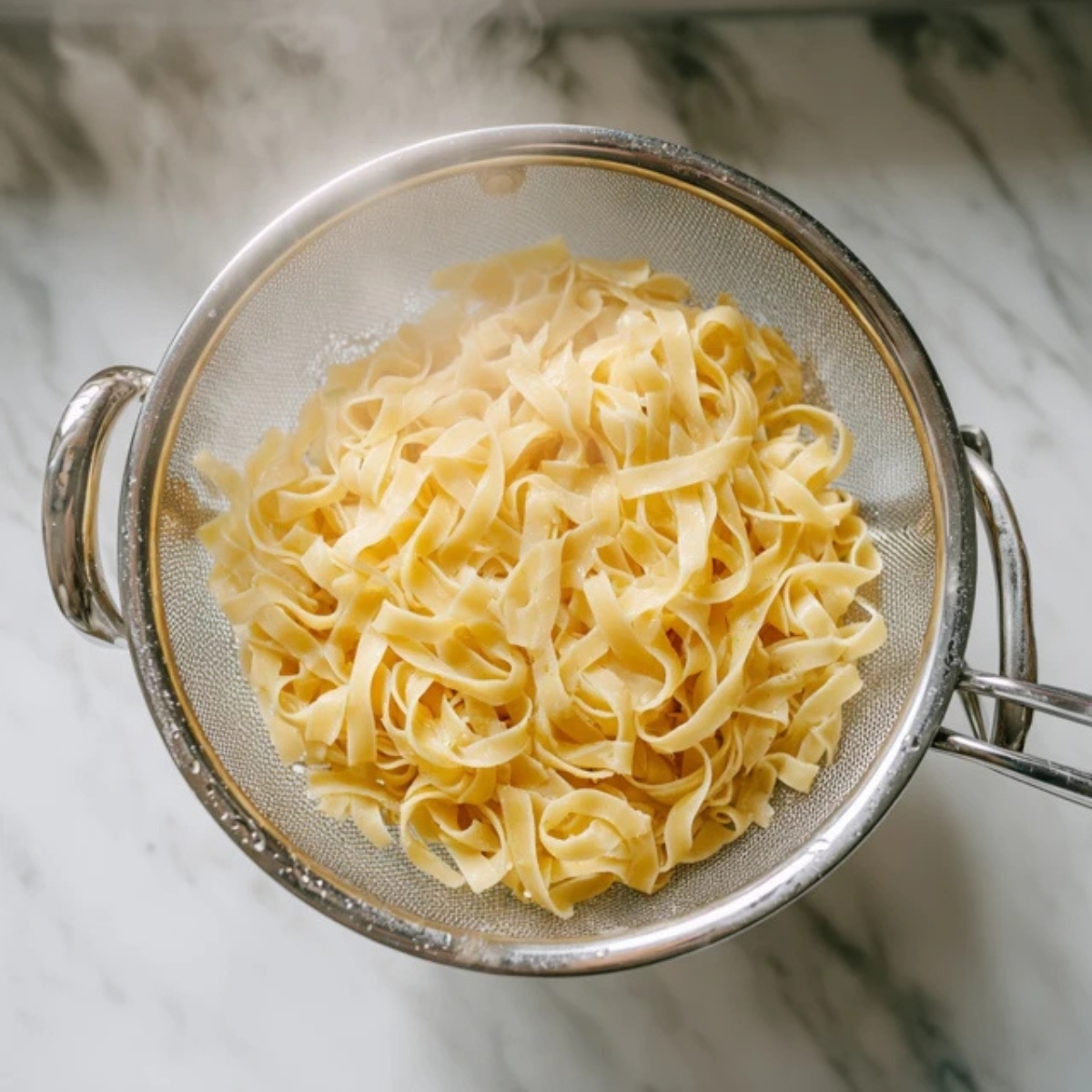 Drained pasta in colander on kitchen counter