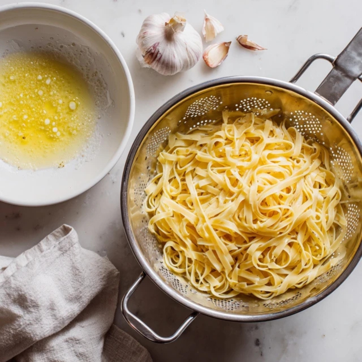 overhead view of pasta draining and garlic butter in pan