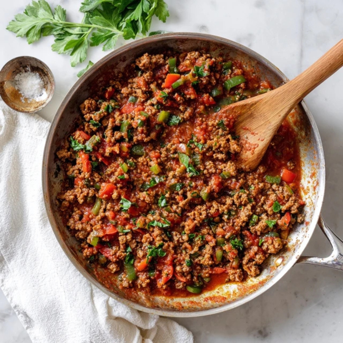 skillet with spaghetti squash casserole meat sauce