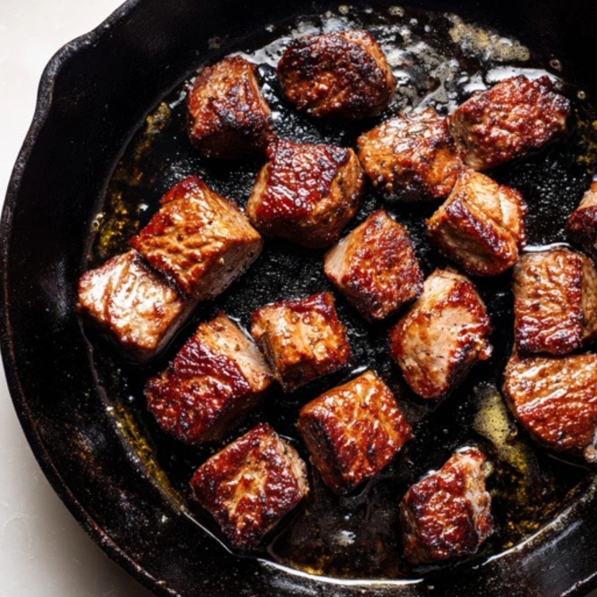 browned steak bites searing in cast iron skillet