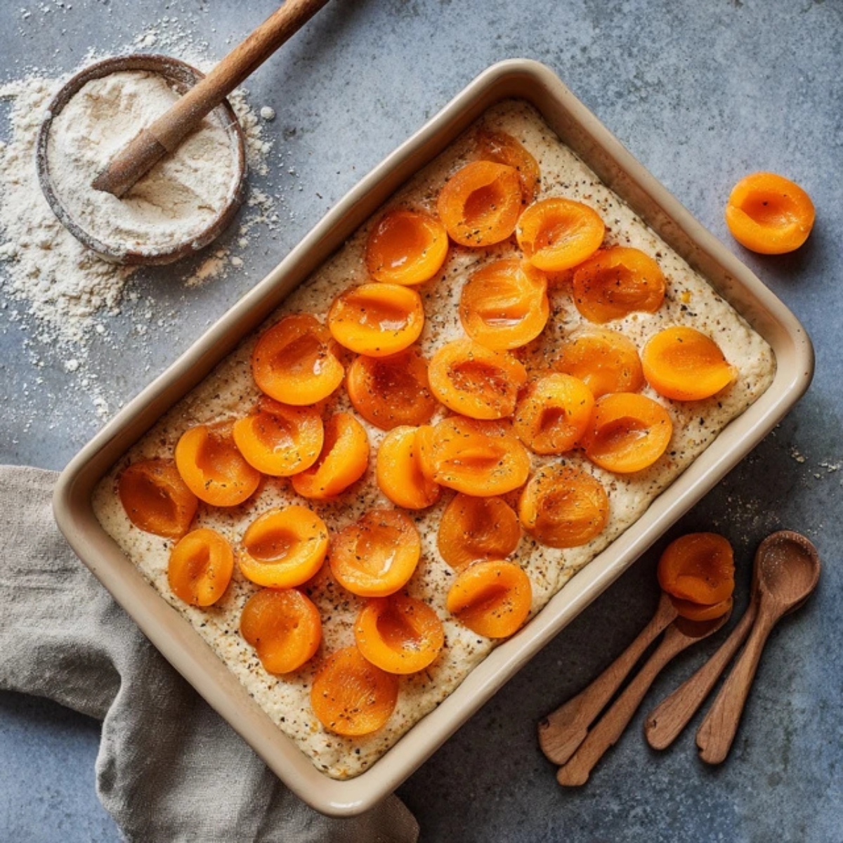 Cake batter in baking dish topped with sliced apricots