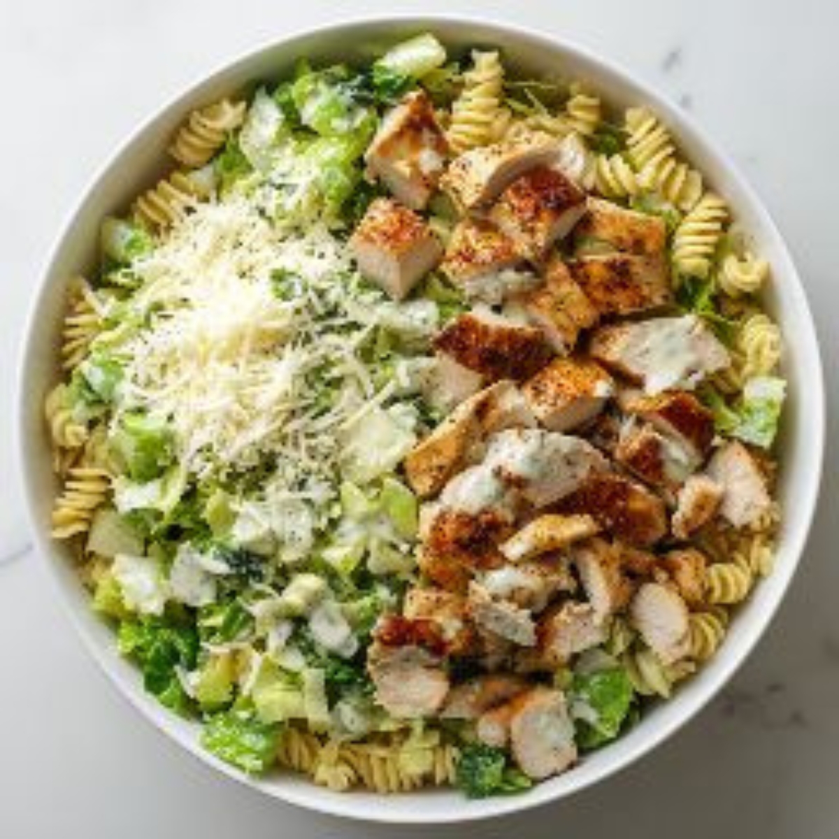 salad bowl with pasta, chicken, romaine, and dressing before tossing