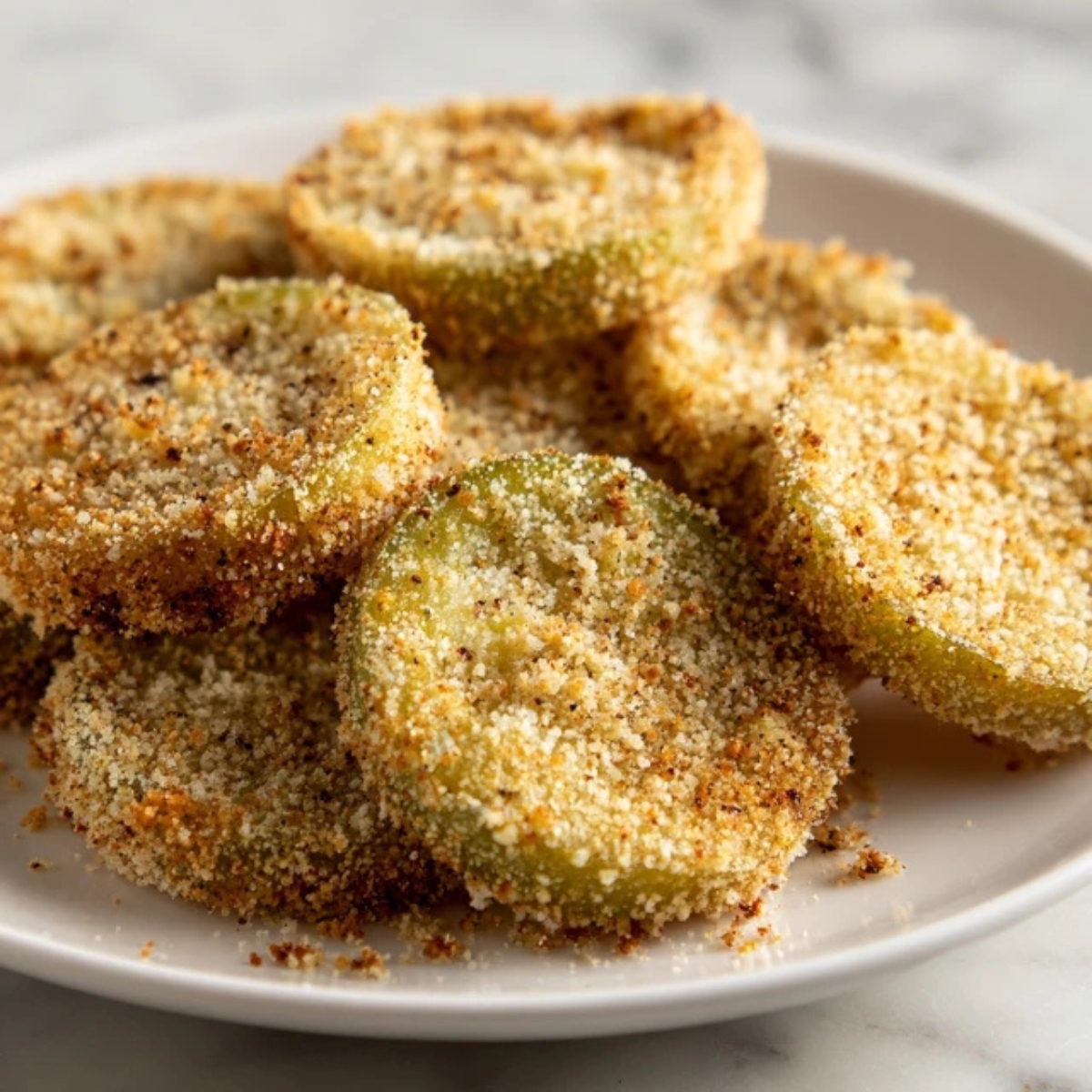 breaded green tomato slices on white plate