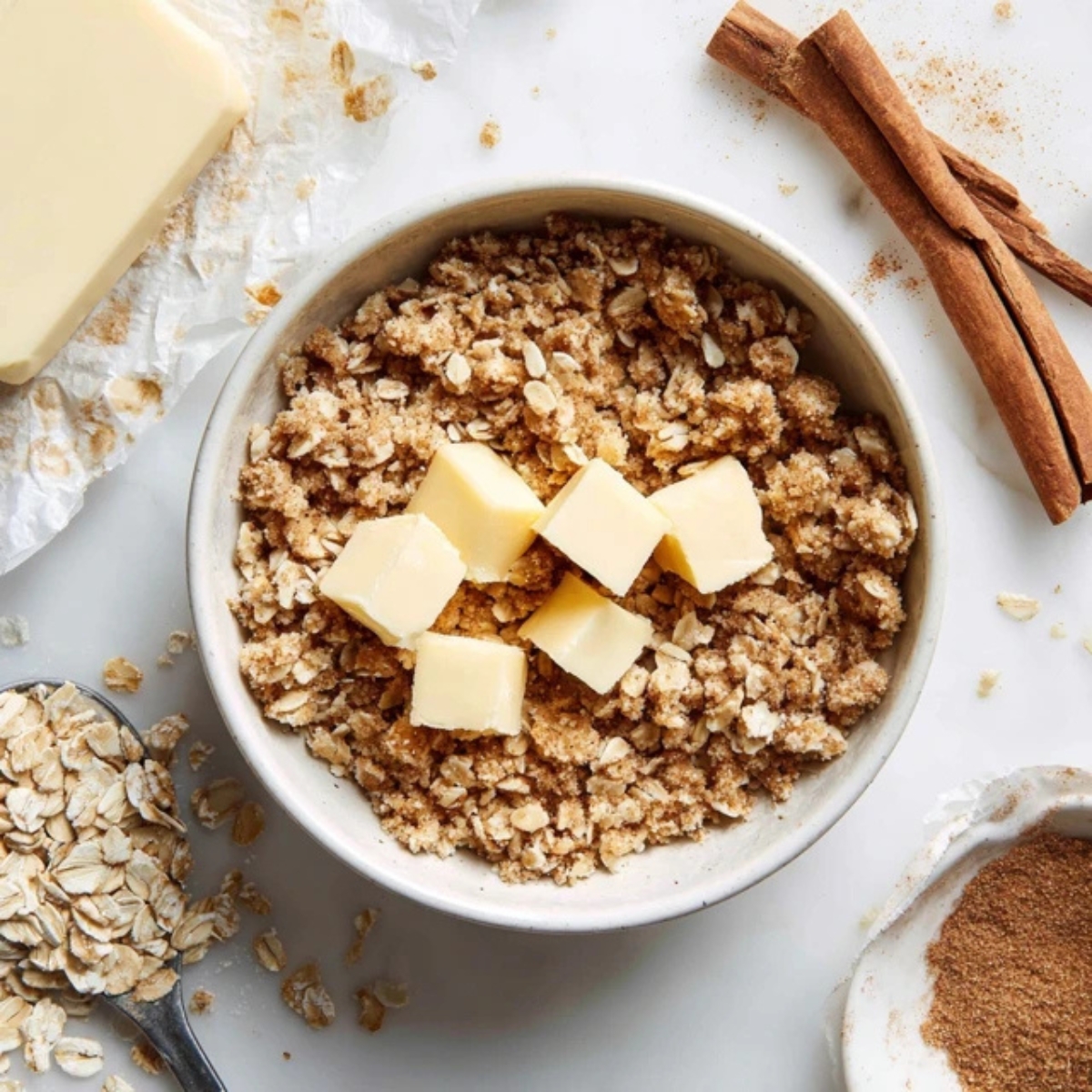 Crumble topping in bowl with oats and butter chunks on kitchen counter