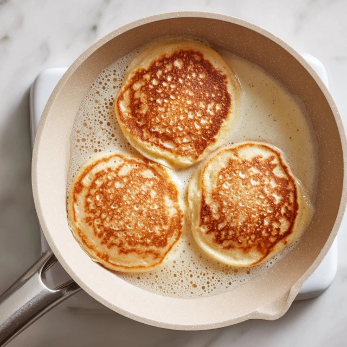 Sweet potato pancakes cooking in non-stick pan


