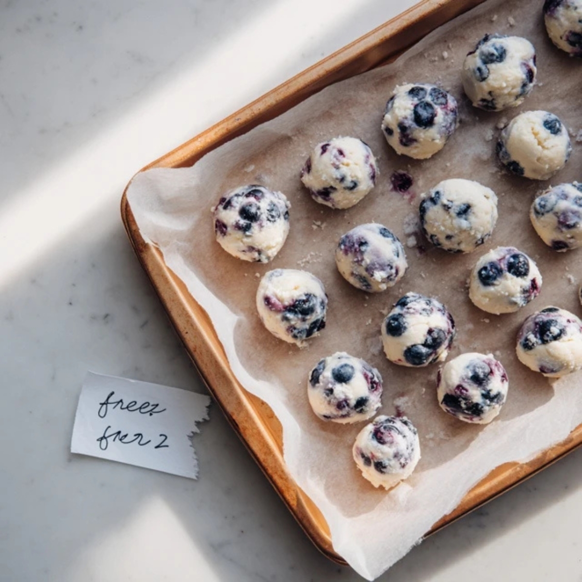 Blueberry yogurt bites arranged on a tray ready to freeze