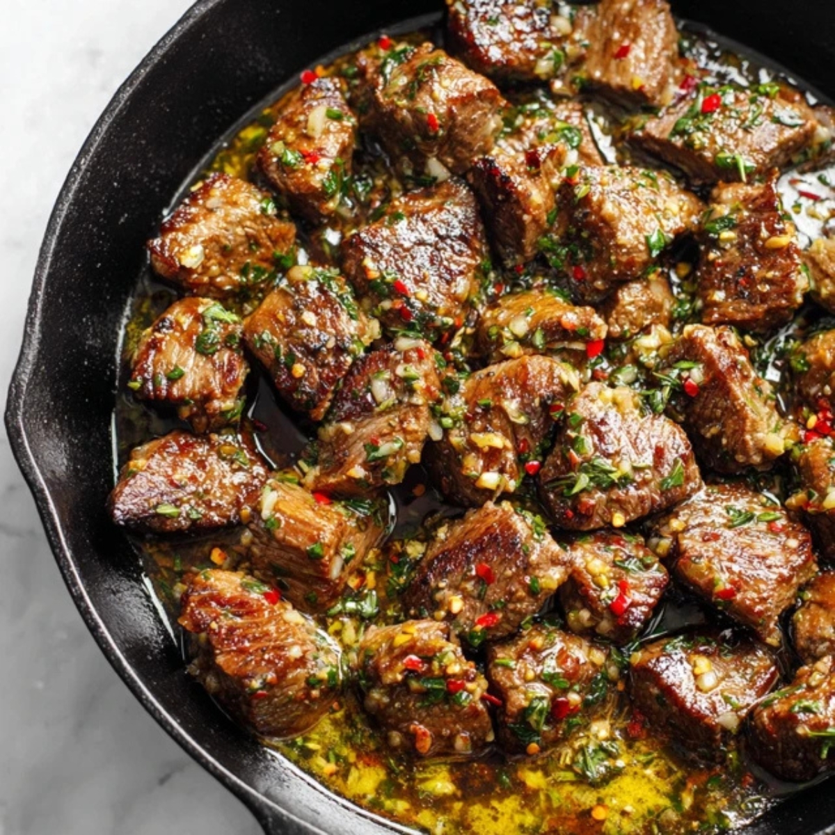 Garlic butter sauce coating steak bites in skillet

