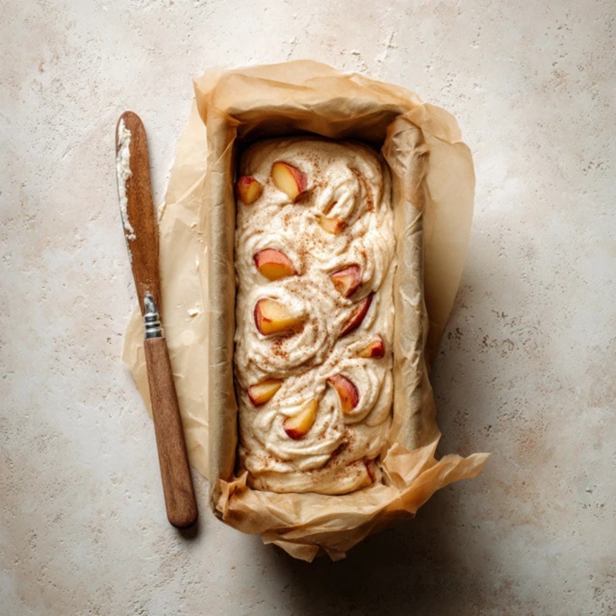 Batter with peach chunks and cinnamon swirl in loaf pan