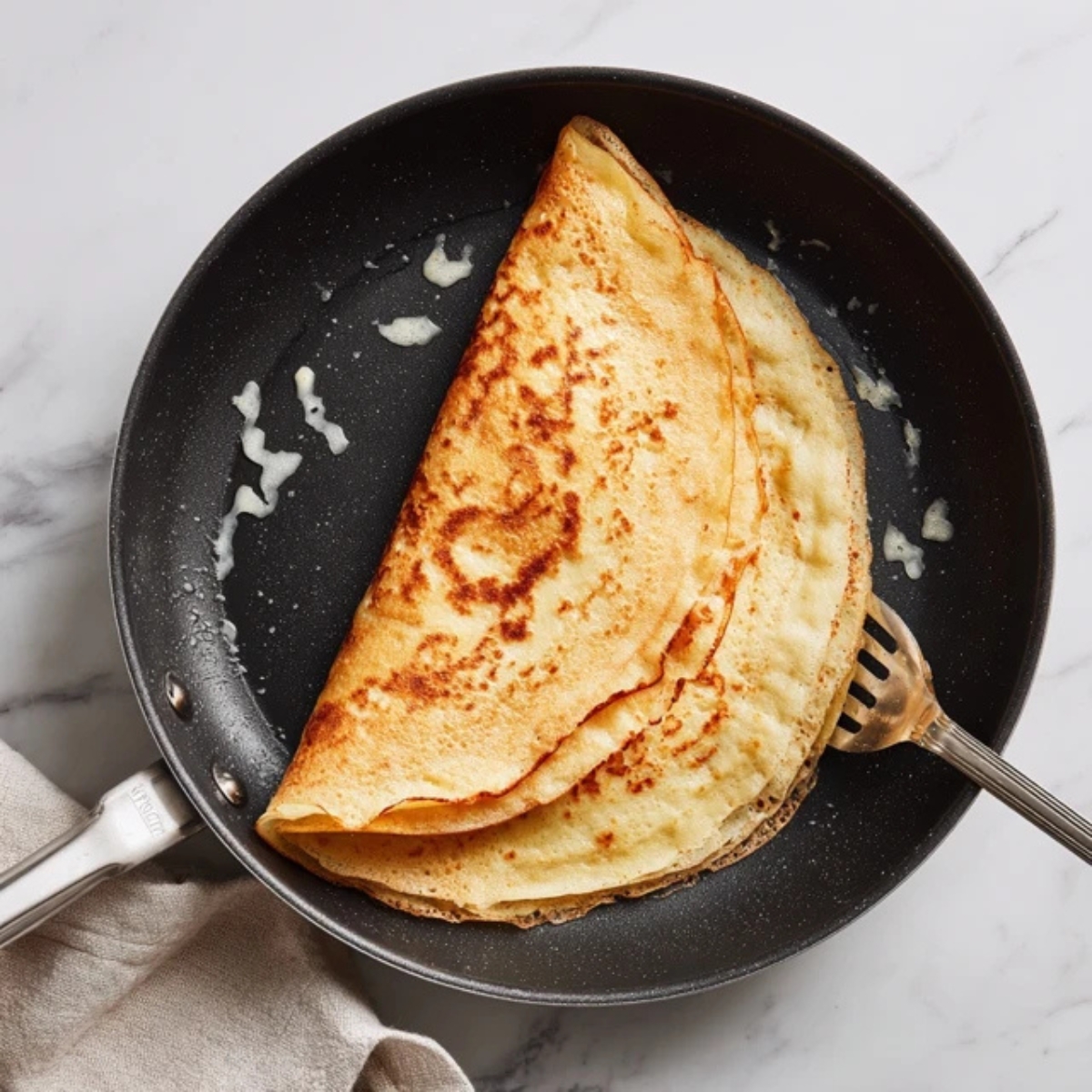 Folded pancake shell cooking in pan

