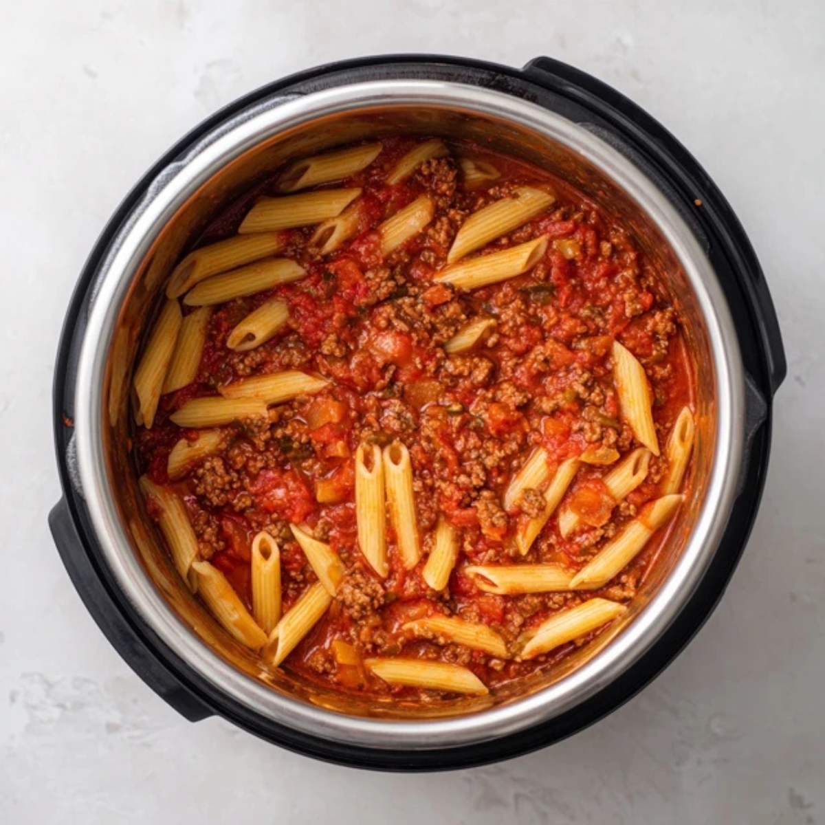 uncooked penne pasta submerged in meat sauce in Instant Pot