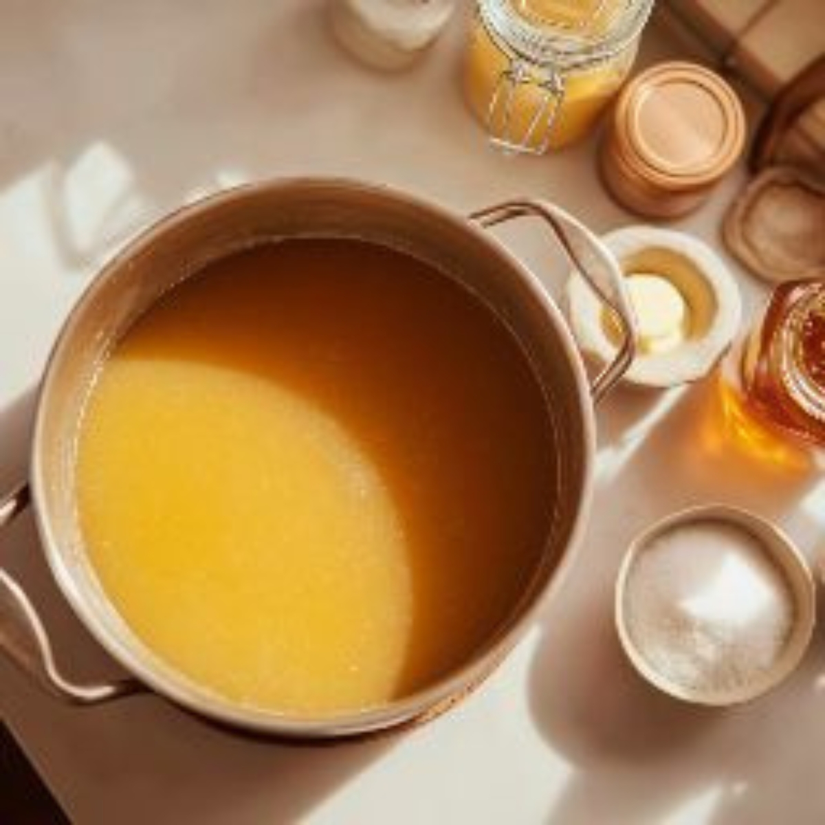  peach juice and ingredients in pot ready for jelly making