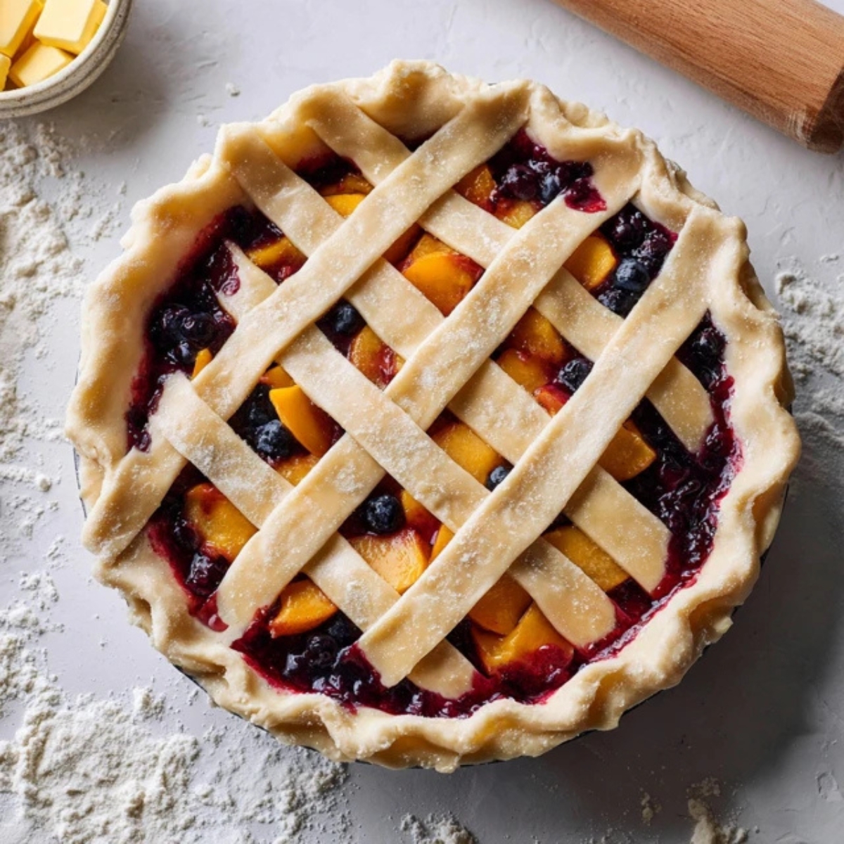Unbaked peach blueberry pie with rustic lattice crust on white counter