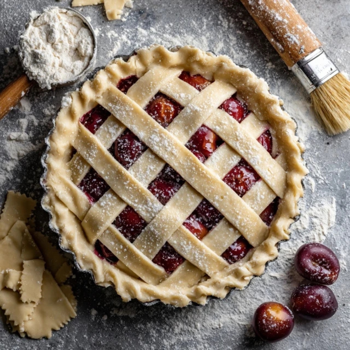 Unbaked plum pie with lattice crust on floured counter