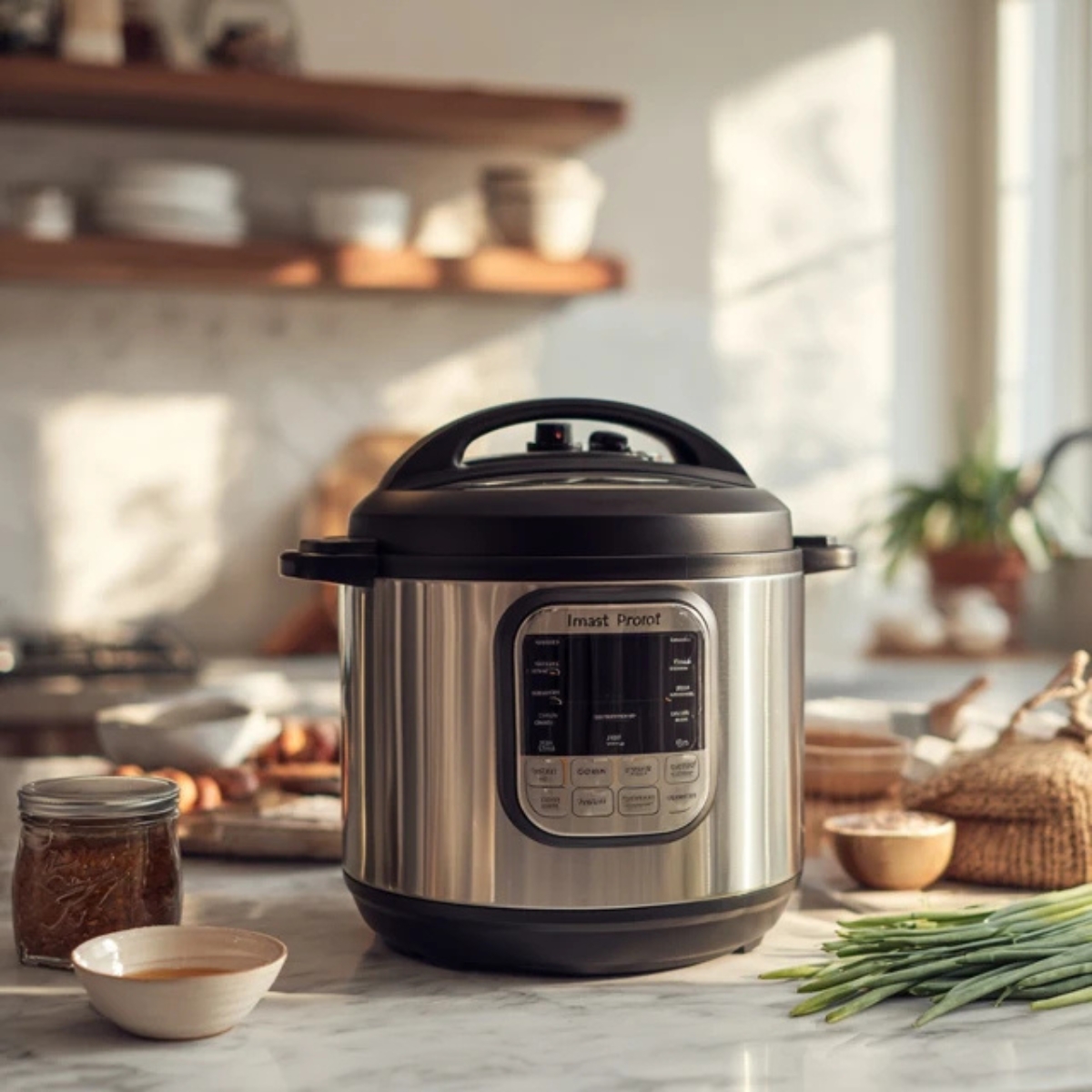 Instant Pot closed and sealed, sitting on a white kitchen counter, surrounded by scattered kitchen prep items.