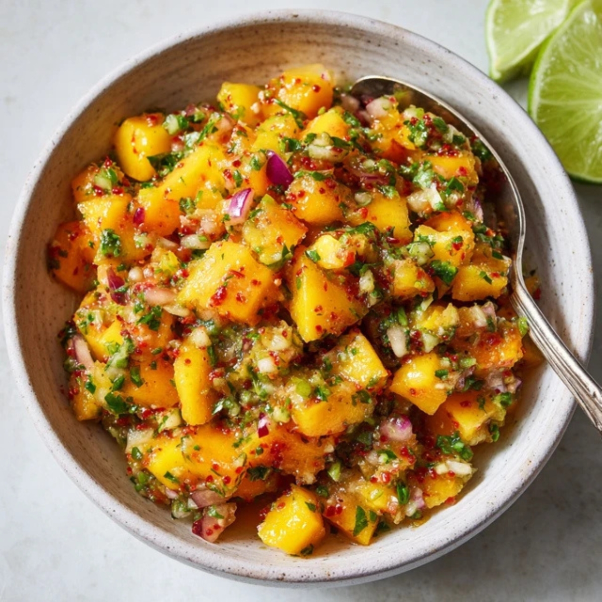 Mixed peach mango salsa with lime and cilantro

