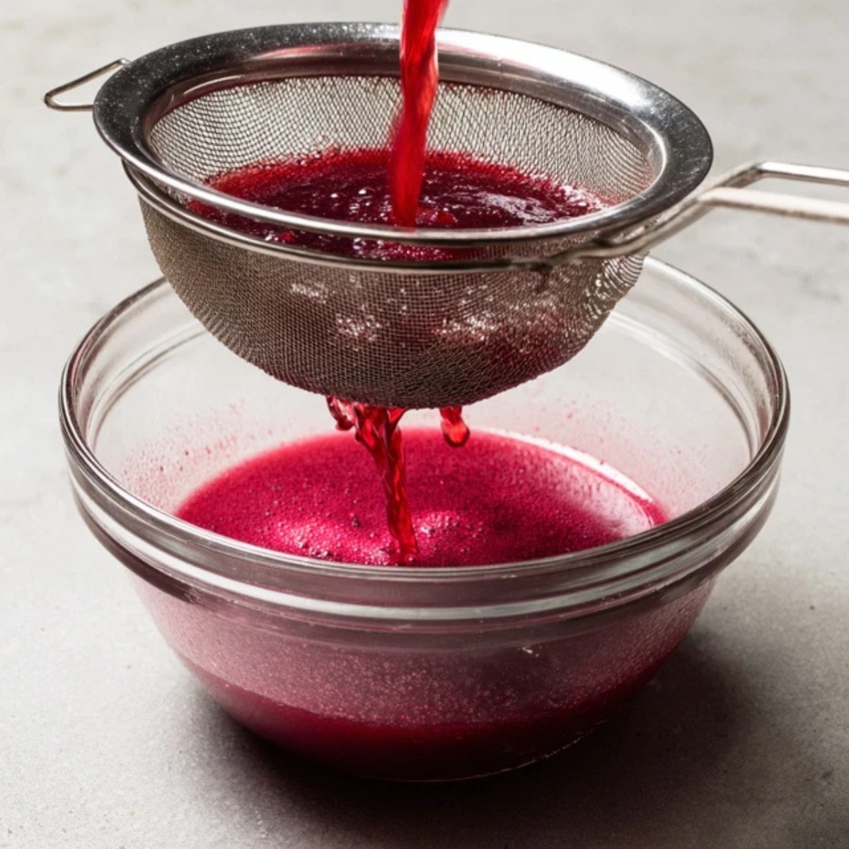 Plum mixture straining through cheesecloth into bowl

