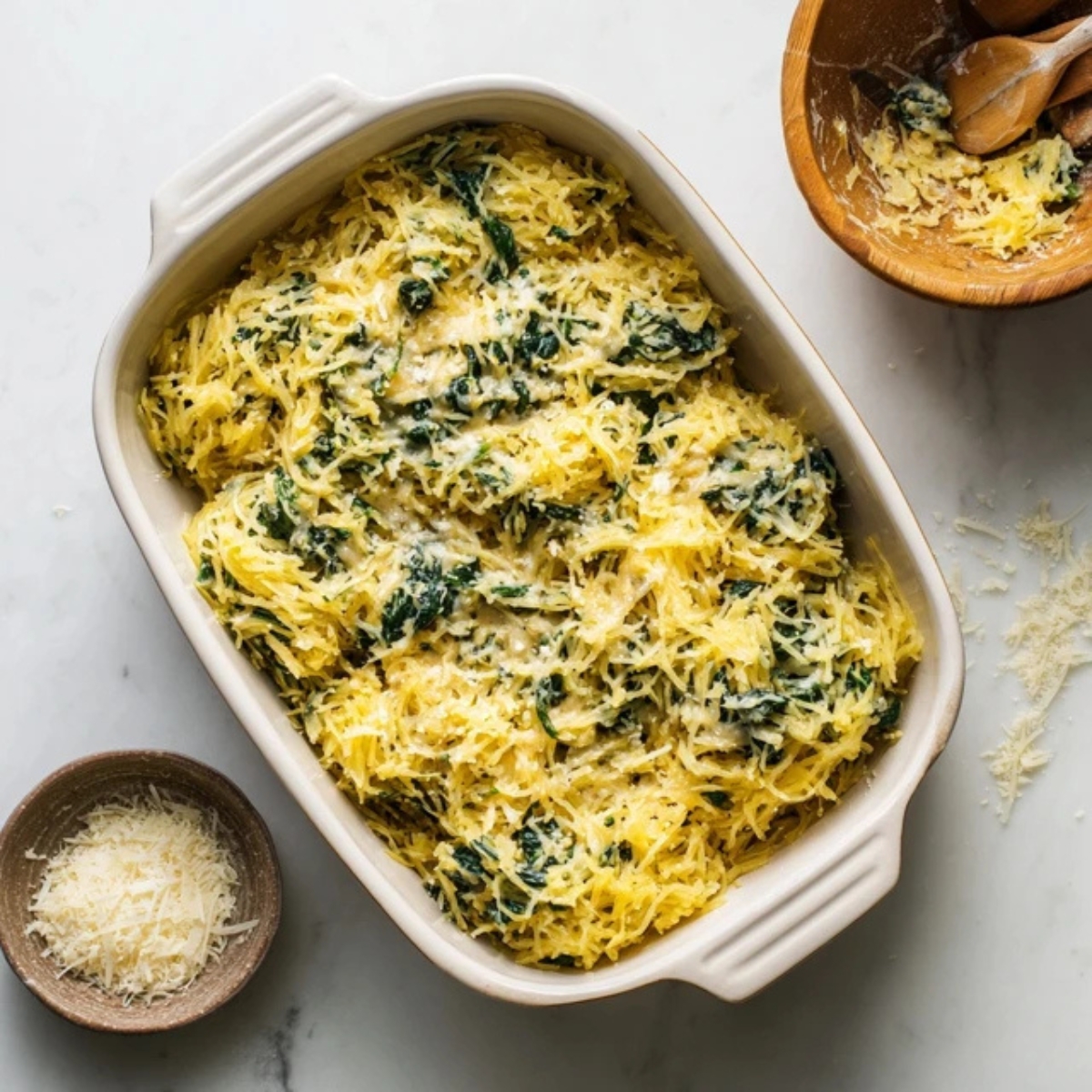assembling spaghetti squash casserole in dish