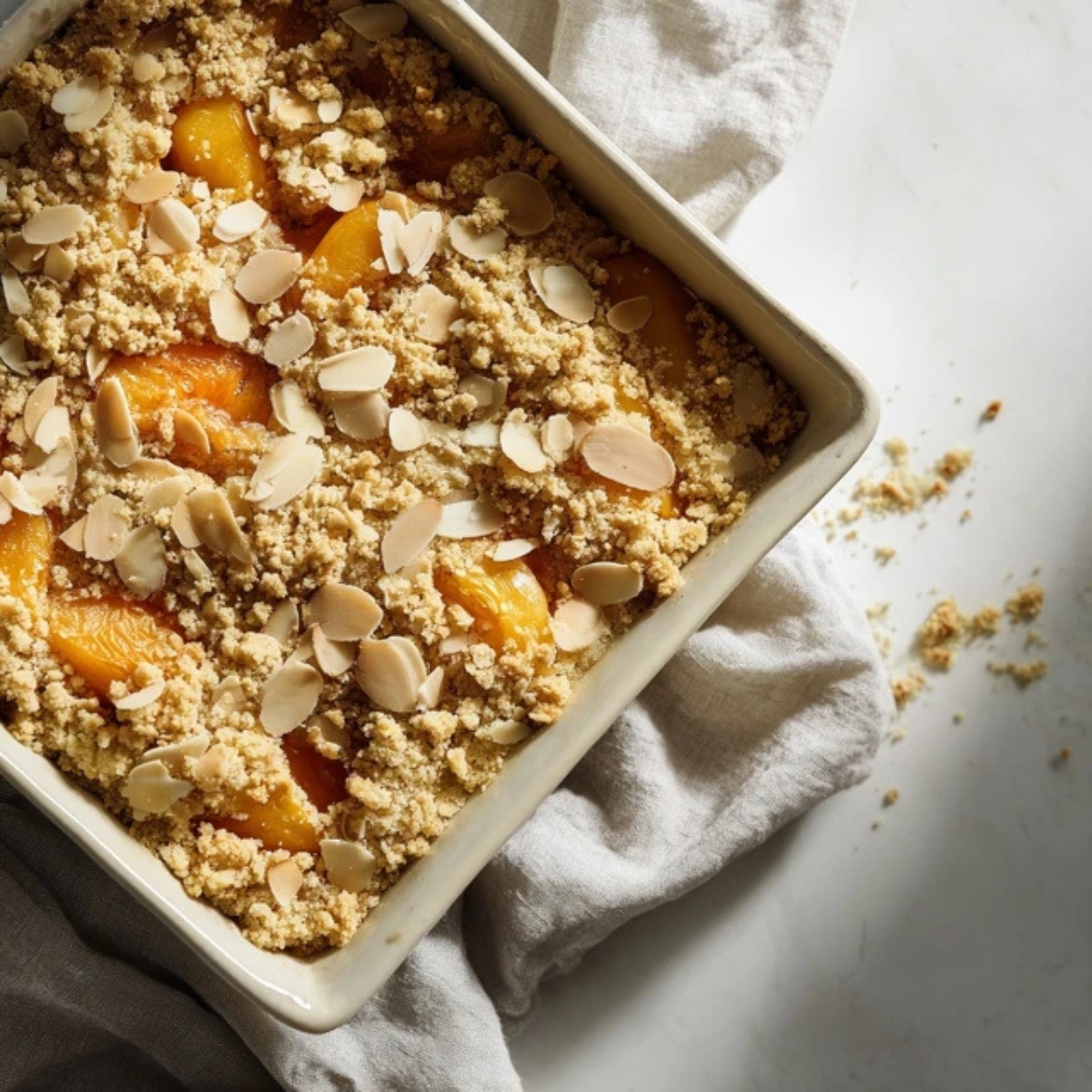 Crumb topping and almonds on apricot cake in a 9x13-inch baking dish