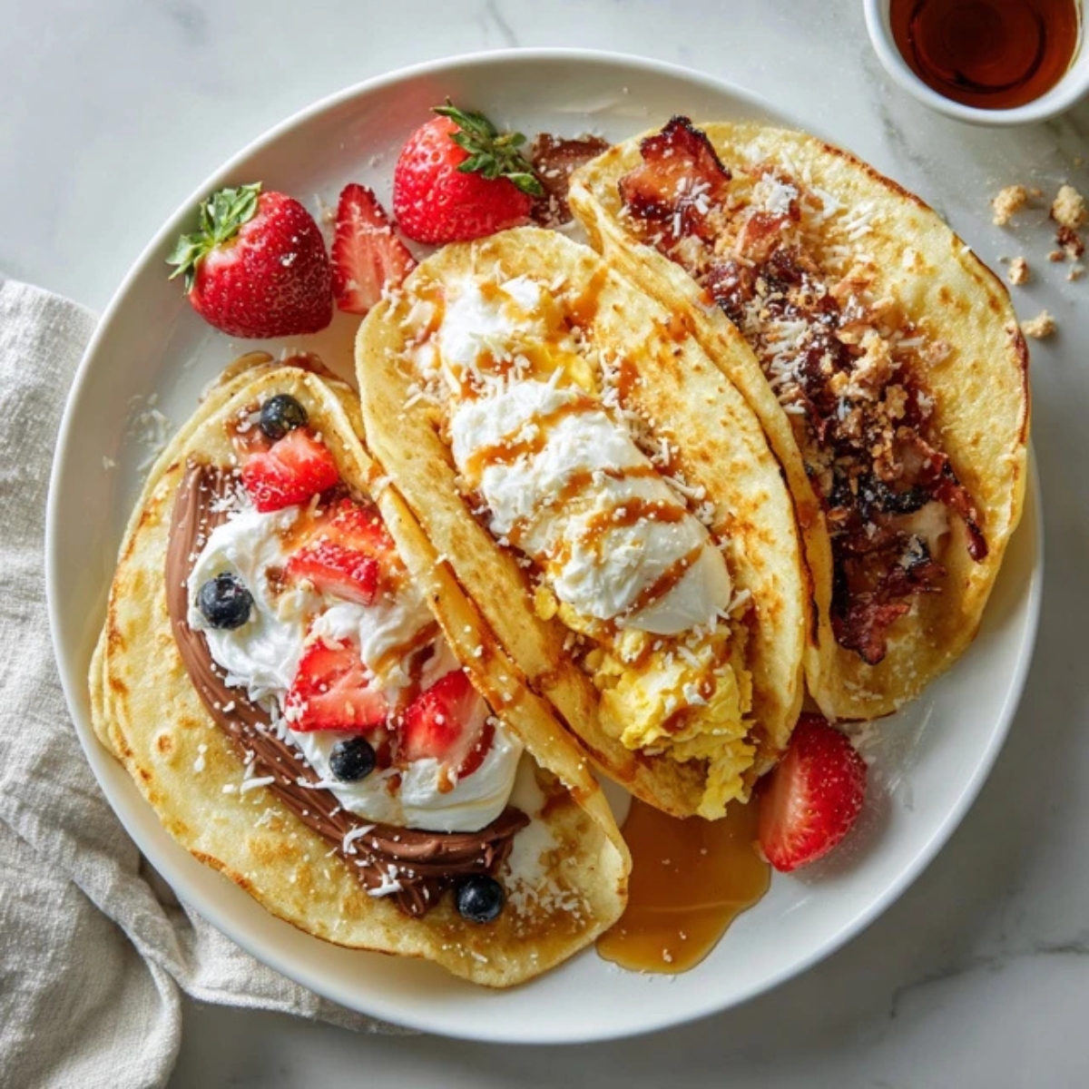 Sweet and savory pancake tacos on white plate

