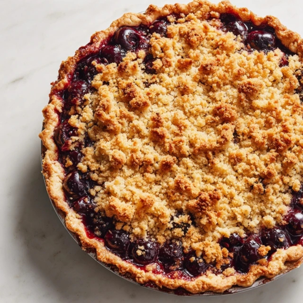 Baked cherry crumble pie fresh from the oven with golden topping