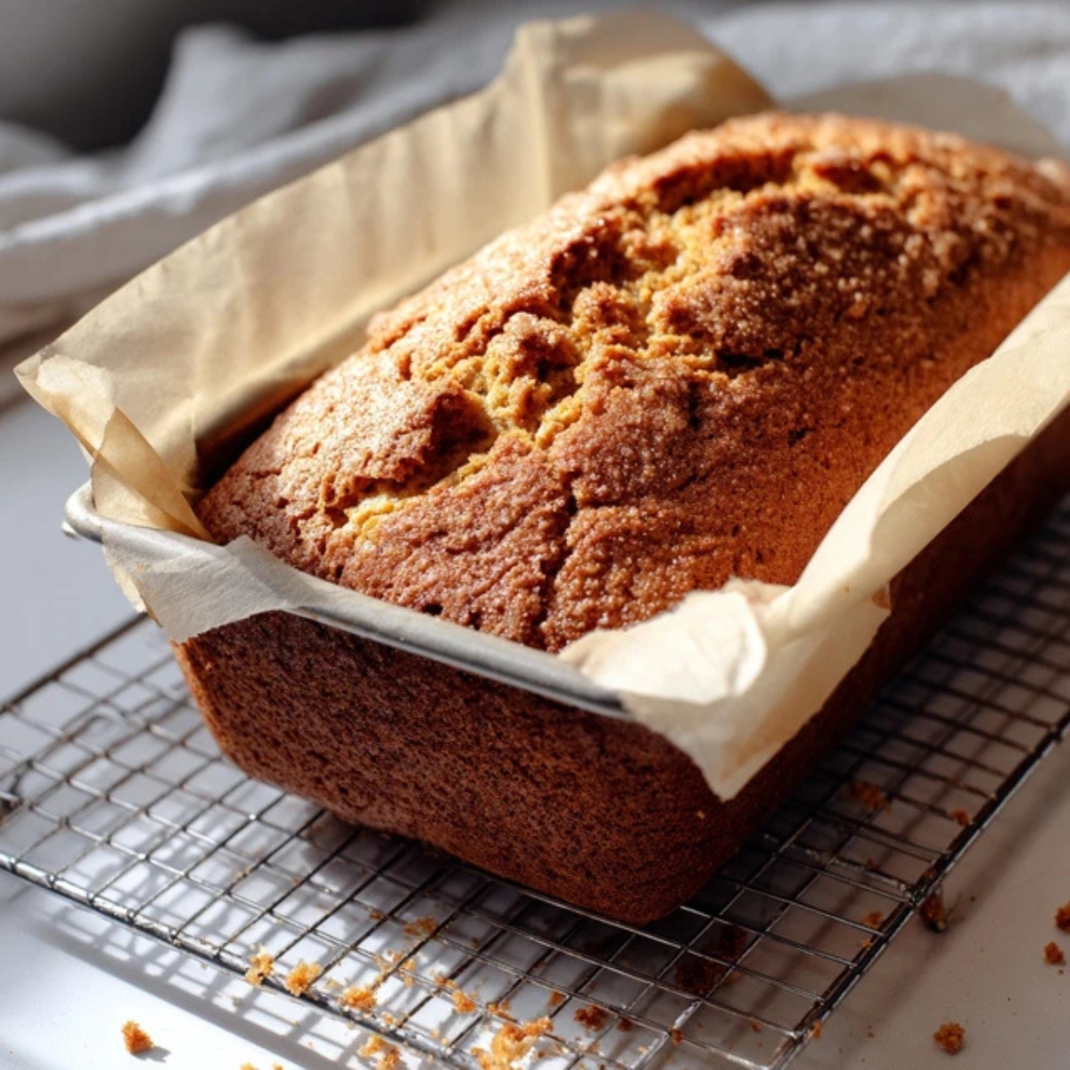 Baked cinnamon peach bread cooling in pan on wire rack