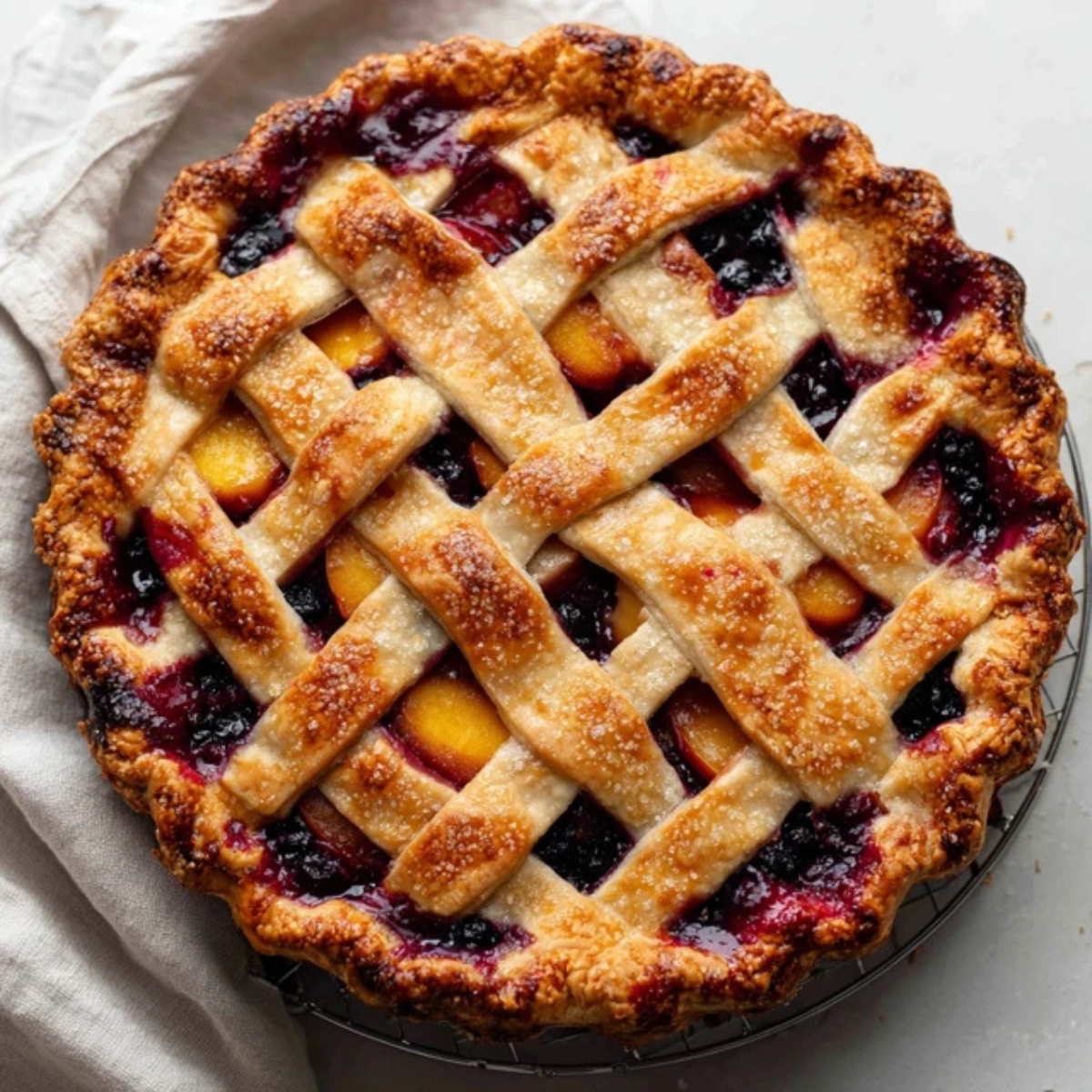 Freshly baked peach blueberry pie cooling on white surface