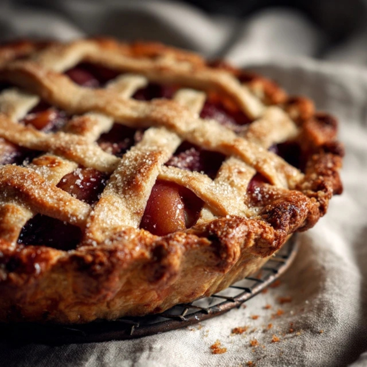 Baked plum pie cooling on wire rack with golden crust