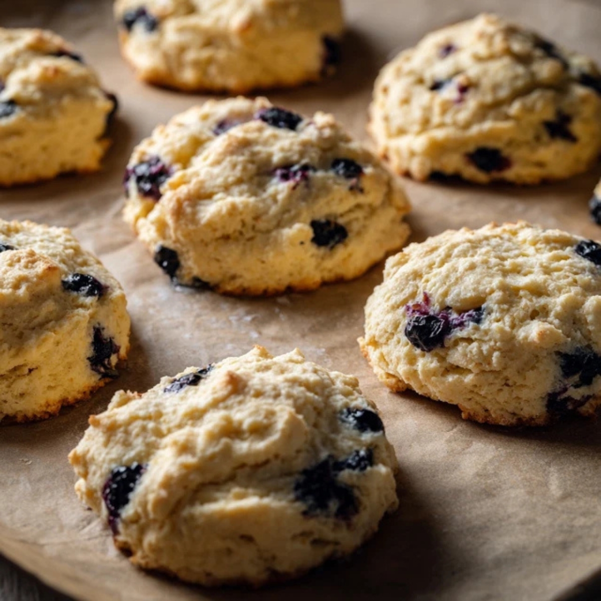 Unbaked blueberry biscuits cut and placed on baking sheet