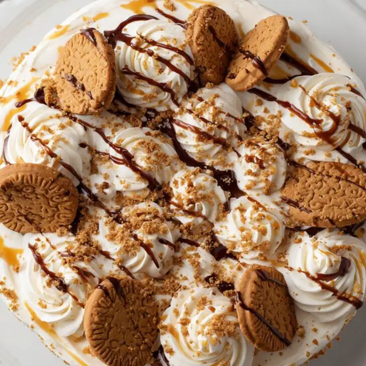 Final decorated Biscoff cake chilled and ready to serve with Biscoff cookies on top

