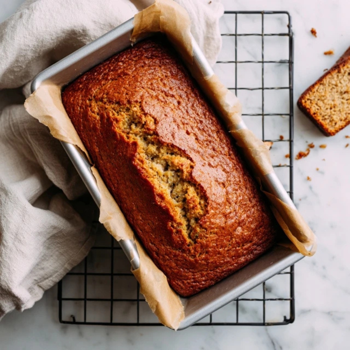 cottage cheese banana bread cooling on rack