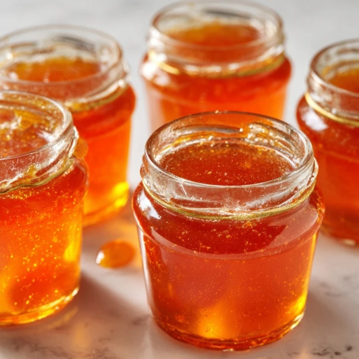  jars filled with homemade peach jam on counter

