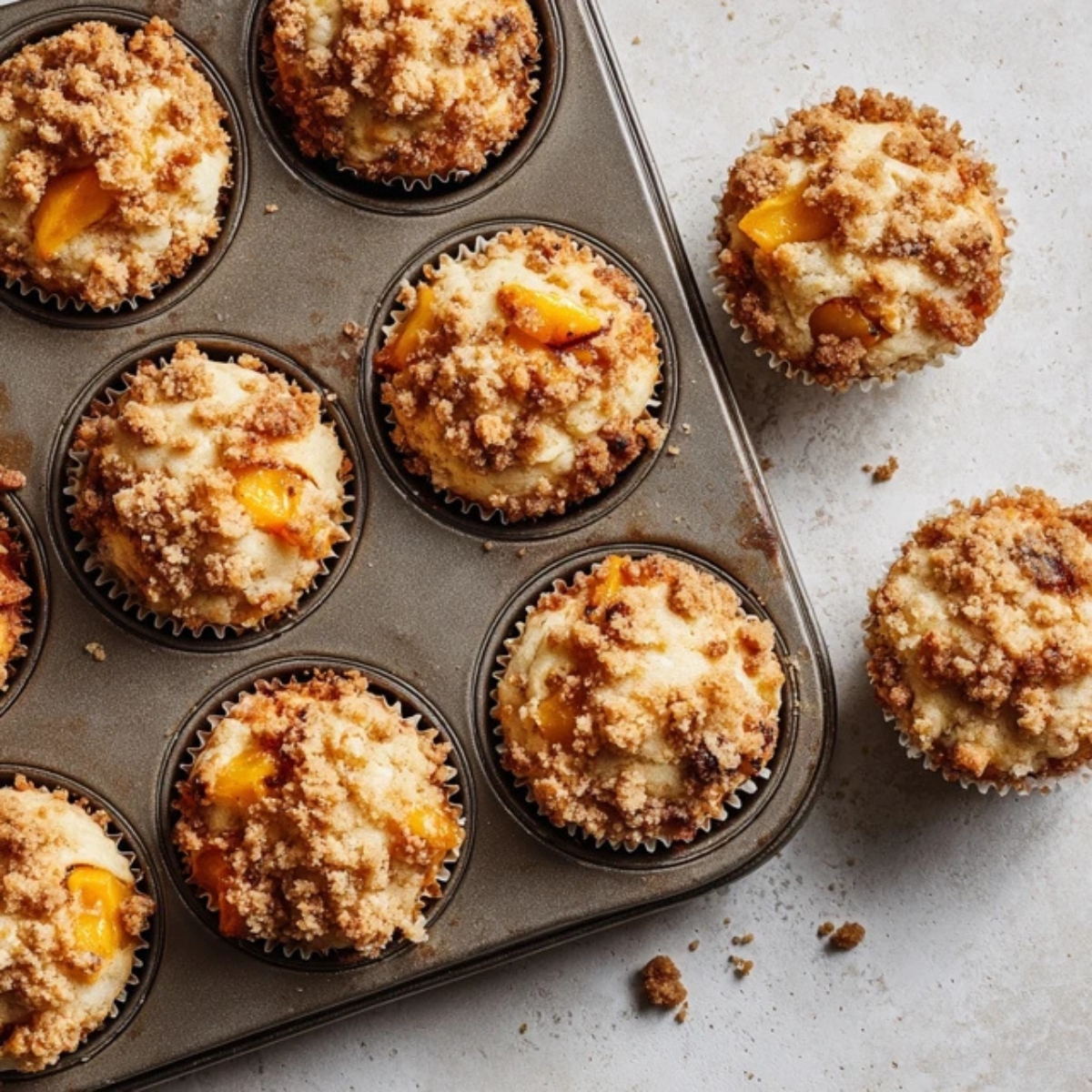 peach muffin batter in muffin tin ready for baking