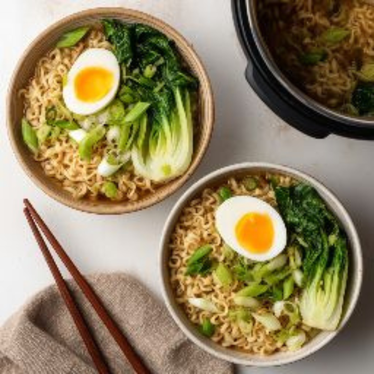 Overhead view of a cozy bowl of Instant Pot ramen noodles topped with soft-boiled egg, bok choy, mushrooms, and scallions on a white kitchen counter.