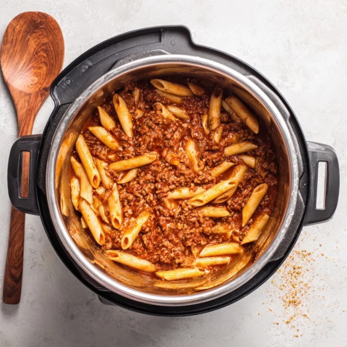 cooked penne pasta coated in meat sauce in Instant Pot