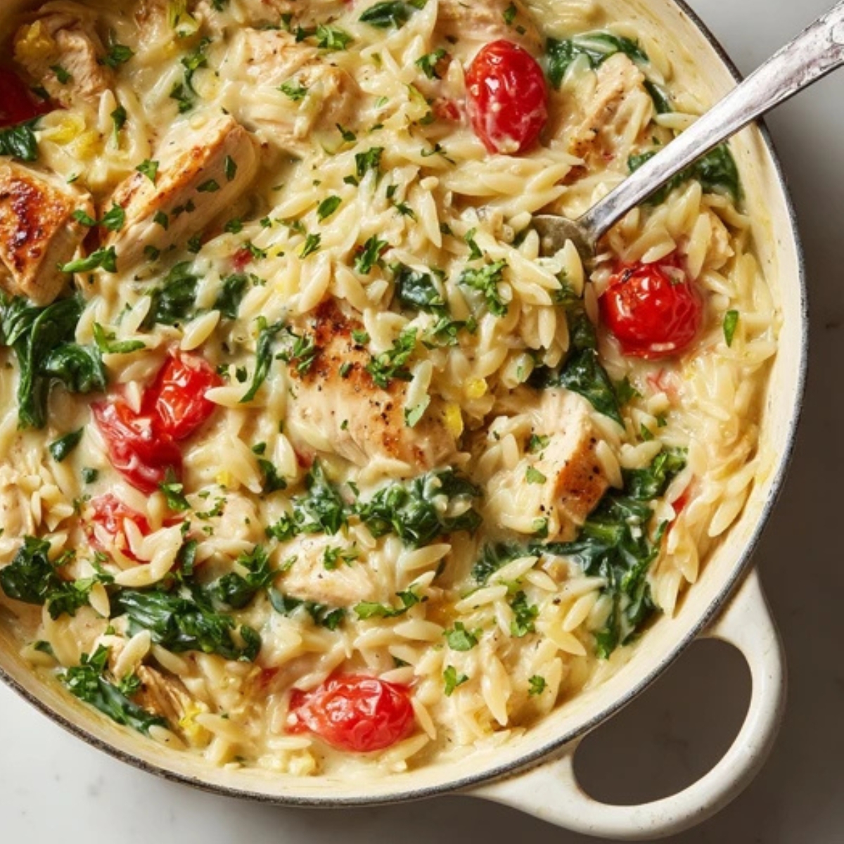 Finished lemon chicken orzo pasta in skillet with parsley