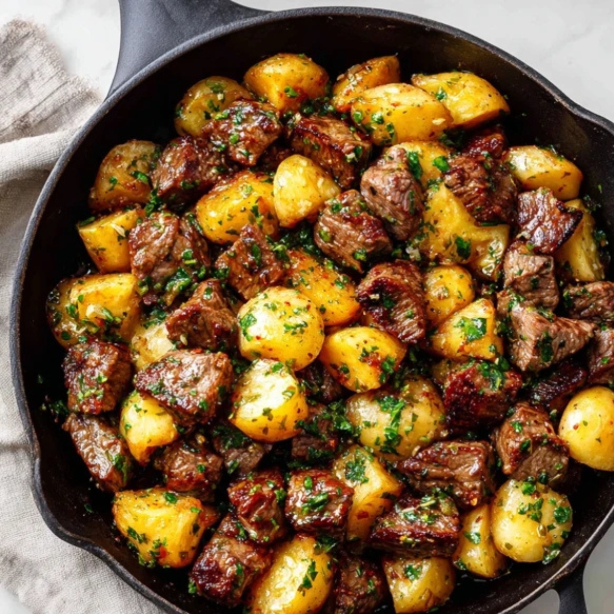 Garlic butter steak bites and potatoes ready to serve

