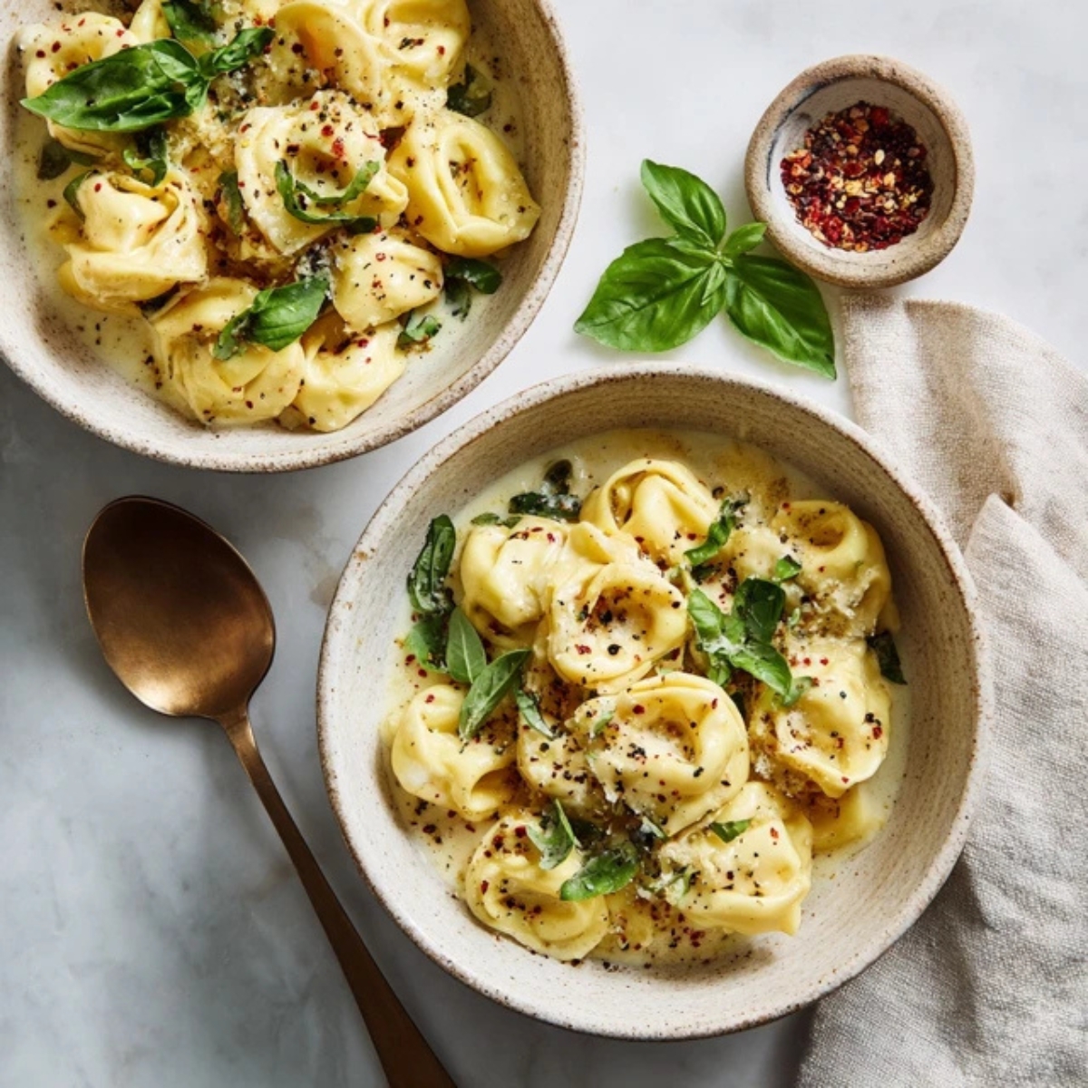 creamy Marry Me Tortellini served in bowls with basil garnish